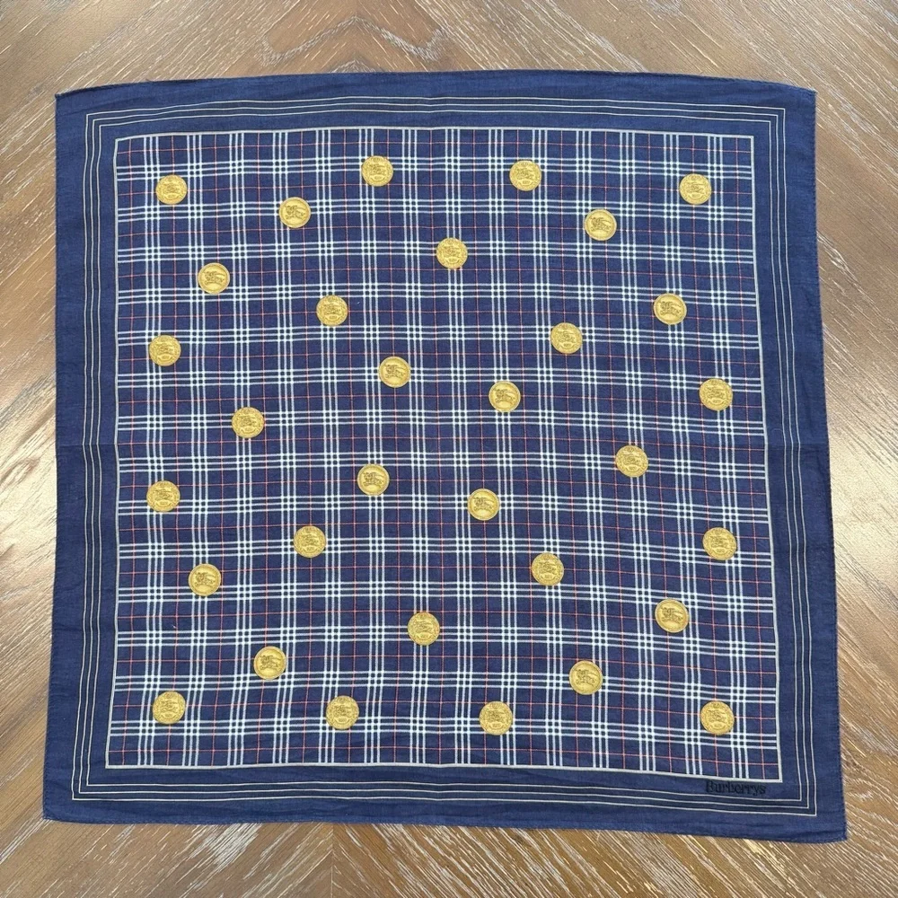 Burberrys Navy and Gold Plaid Handkerchief Bandana Cotton Scarf 20”